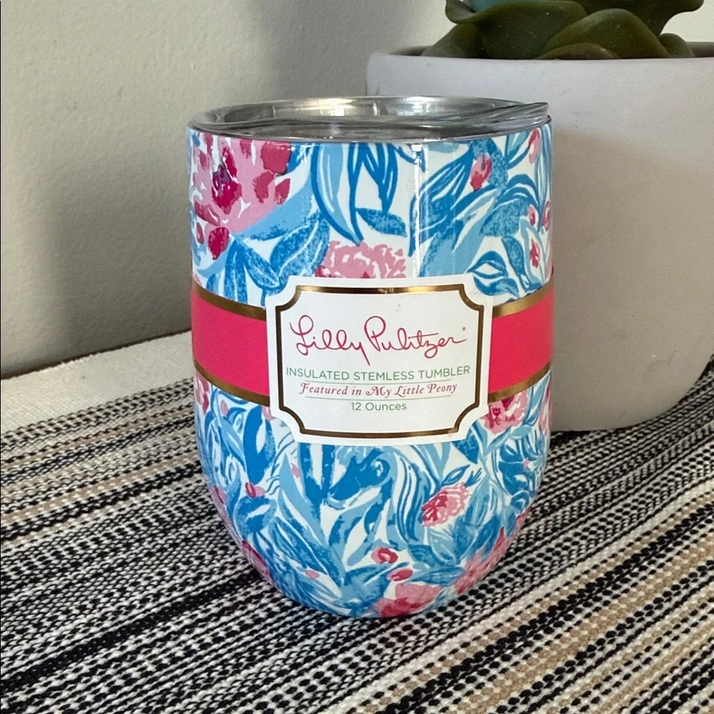 Lilly Pulitzer Insulated Stemless Wine Tumbler‎ My Little Peony Bondi Blue NEW